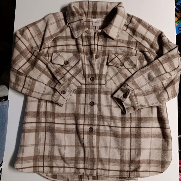 Knox Rose Jacket Womens Large Beige Brown Shirt Shacket Plaid Button Up Pockets - Picture 1 of 6